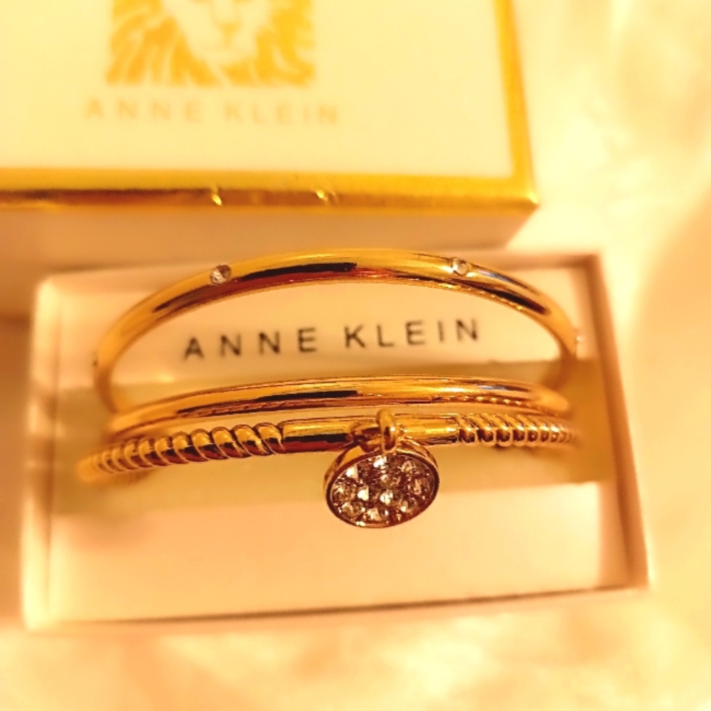 Anne Klein gold tone and rhinestone trio bangle bracelet set NWT